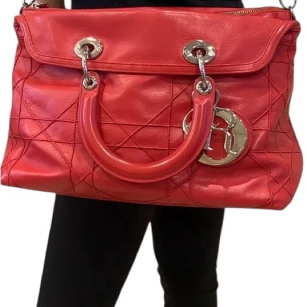 Christian Dior Medium Granville Cannage Bag Red Quilted Lambskin Leather - Picture 10 of 14